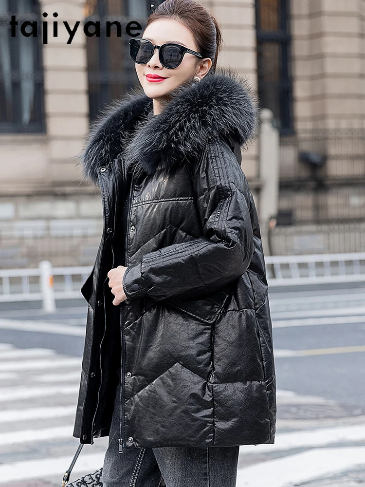 TAJIYANE 100% Pelle di mucca Piumino d'oca Donna Collo in pelliccia di procione Piumino Luxe Giacche in vera pelle 2025 Abbigliamento donna