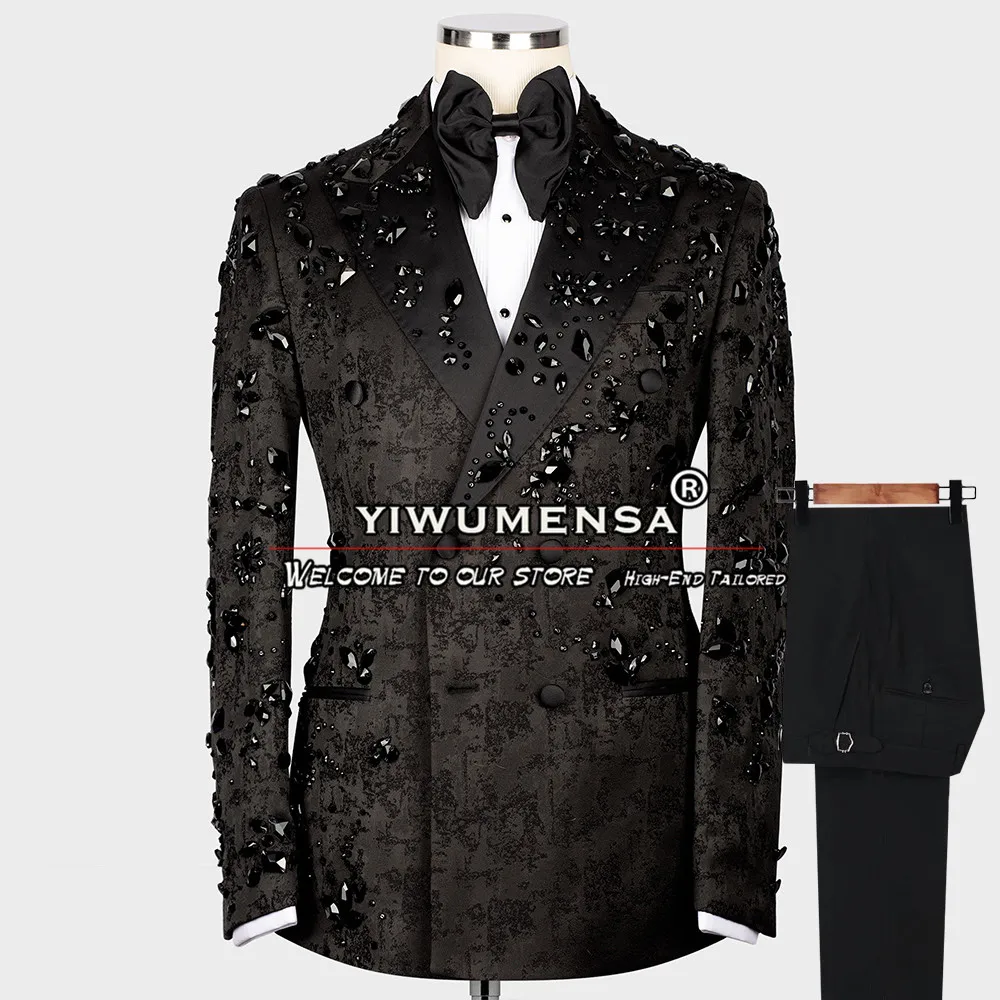 

Black Jacquard Wedding Suits For Men Double Breasted Blazer With Pants 2 Pieces Groom Tuxedos Bespoke Terno Masculino Italiano