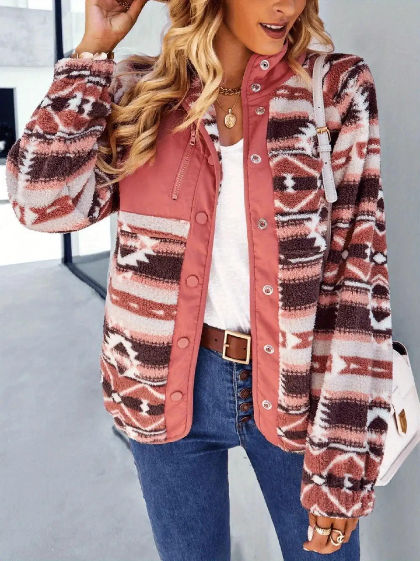 Women Aztec Geometric Print Patchwork Fleece Jacket Stand Collar Snap Button Long Sleeve Casual Sherpa Coat with Pockets