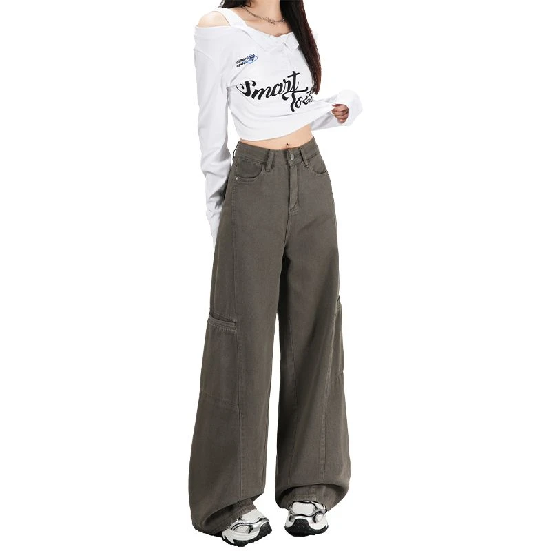 FINEWORDS Vintage High Wais Gray Jeans Women Casual Wide Leg Denim Pants Easymatch Korean Full Length Baggy Jeans