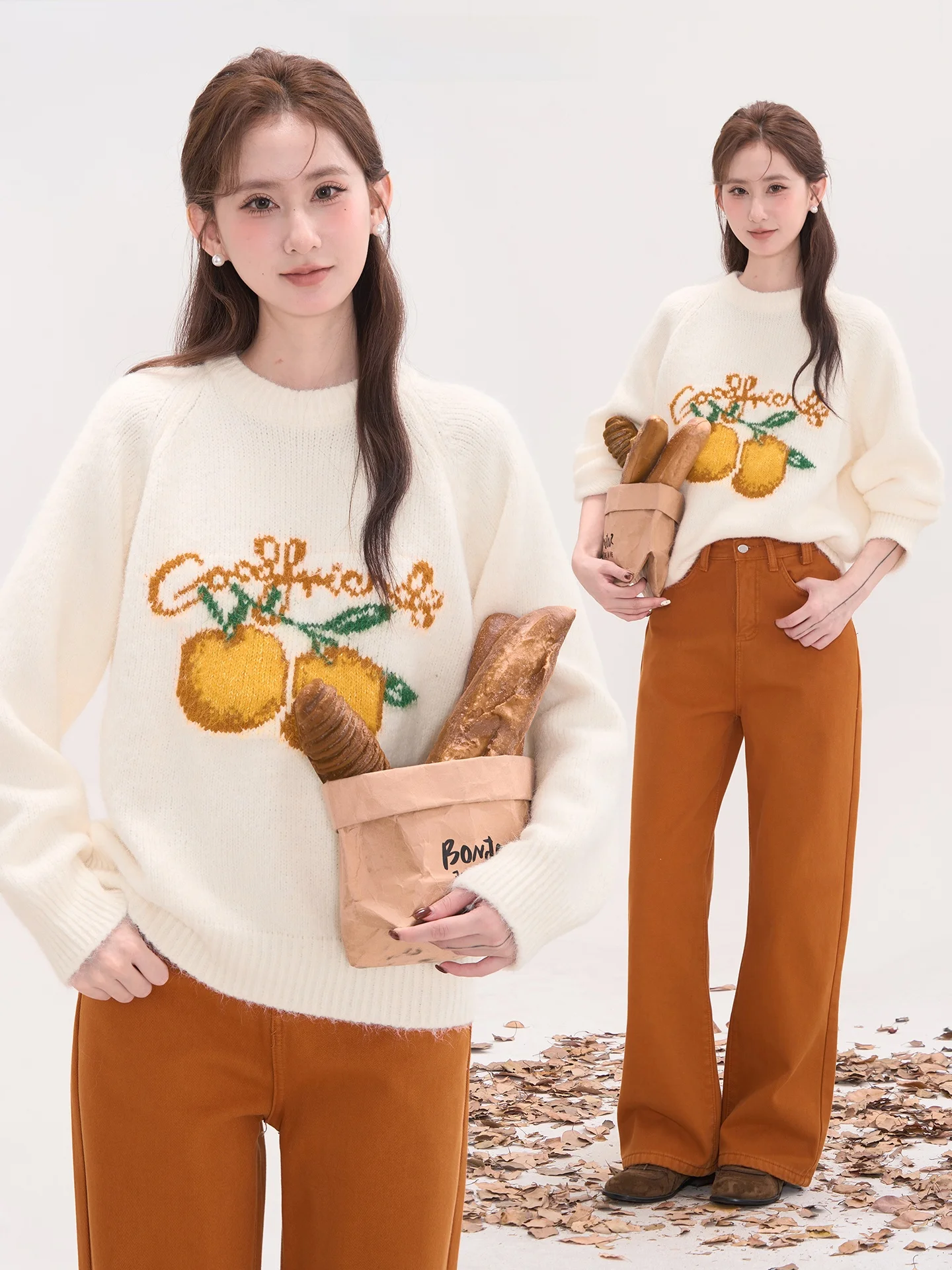 

Heme 2 Women's Knitted Wool Sweater round Ne Long Sve Autumn Winter Orange Floral Patterned Loose Fit Sweet Sle Online...