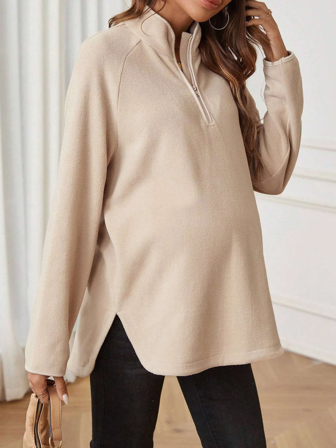 女性のためのマタニティ服秋冬妊婦ドレス写真撮影服ファッション無地ジッパー緩い長袖-tシャツ