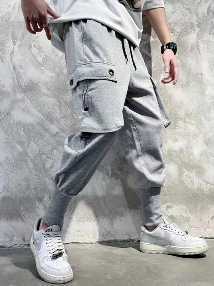 Mens Elastic Waist Loose Fit Harem Pants Pocket Hip Hop Spring New Joggers Pants Streetwear Grey Long Trousers New Cargo Pants