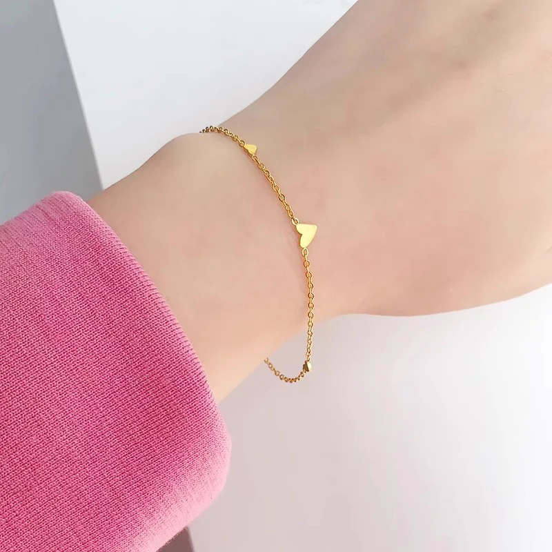 Minimalist Stylish Tiny Hearts Cute Stacked Bracelet Stainless Steel Gold Plated Chain Ladies Women Student Fashion Jewelry Gift