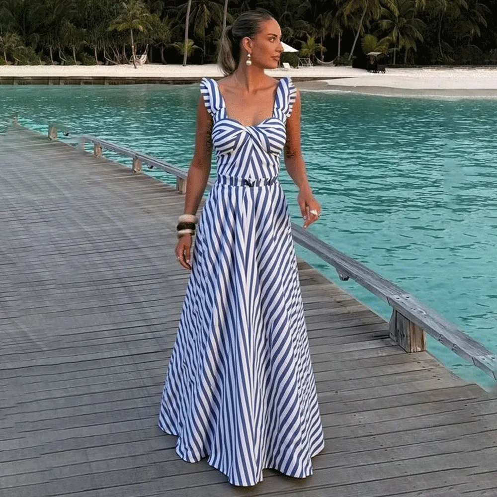 

One Piece Swimsuit For Women European And American Swimwear Ruffle Edge Blue And White Striped One-piece Swimsuit Suit Women