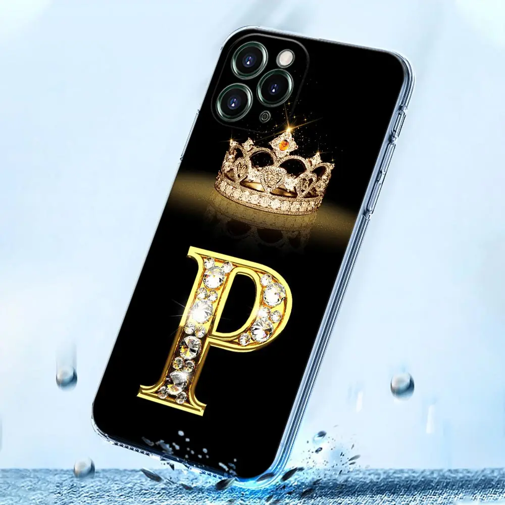 Coroa de diamante primeiros iniciais carta n t z escudo caso para iphone 15 16 11 12 13 14 pro max mini 16 plus capa transparente fundas