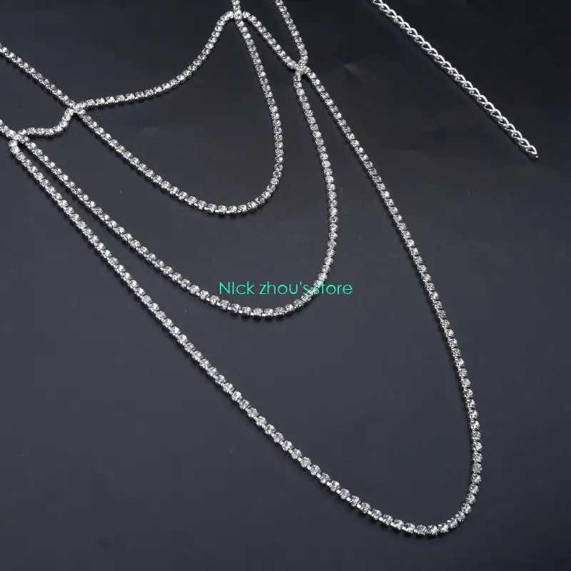 E15E سلسلة كتف شرابات متعددة الطبقات للرجال والنساء للجنسين سلسلة خلفية مع أحجار الراين قلادة مثيرة مجوهرات الحفلات المسائية #4