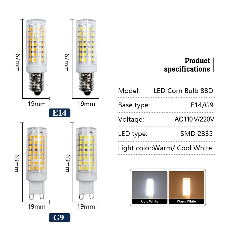 10Pcs/Lot LED Bulb E14 G9 110V 220V 12W No Flicker Dimmable Led Corn Bulb SMD2835 360 Beam Angle Replacement Halogen Chandelier