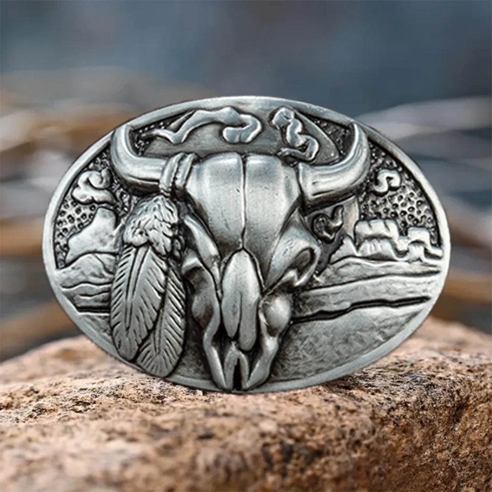 1 fibbia western con testa di bue in piuma tridimensionale, fibbia per cintura da uomo con personalità della moda