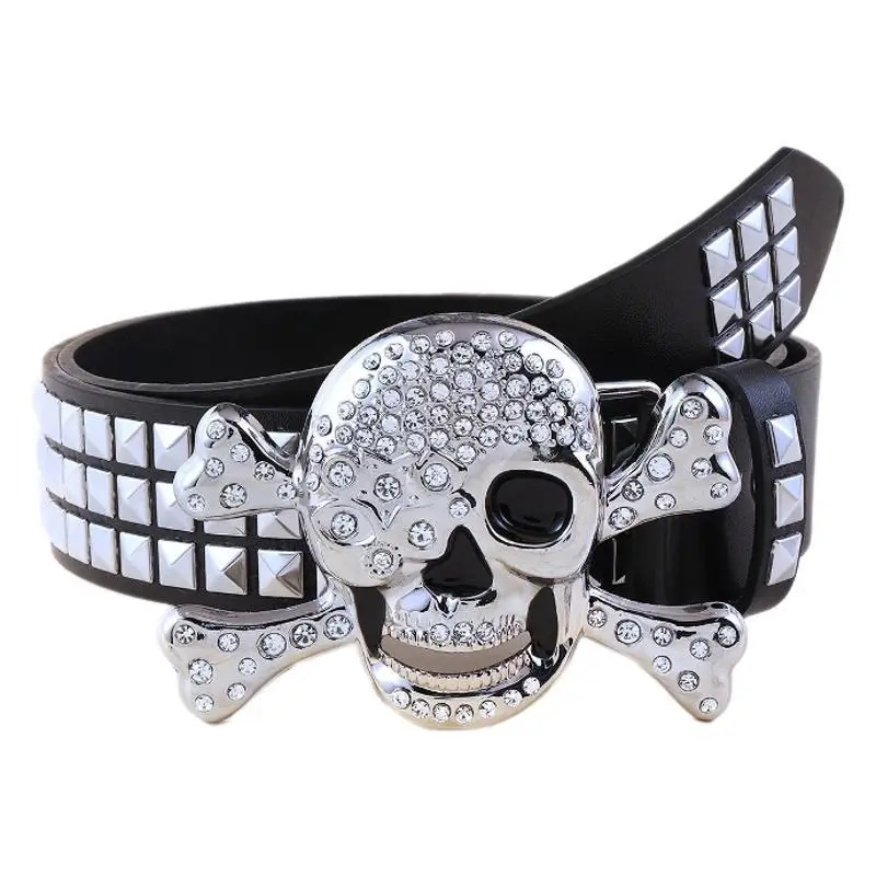 

Silver Skull Buckle Women's Belt Hip Hop Punk Y2k Girls Black Pu Pin Buckle Girdle Goth Retro Jeans Accessories Rivet Waistband