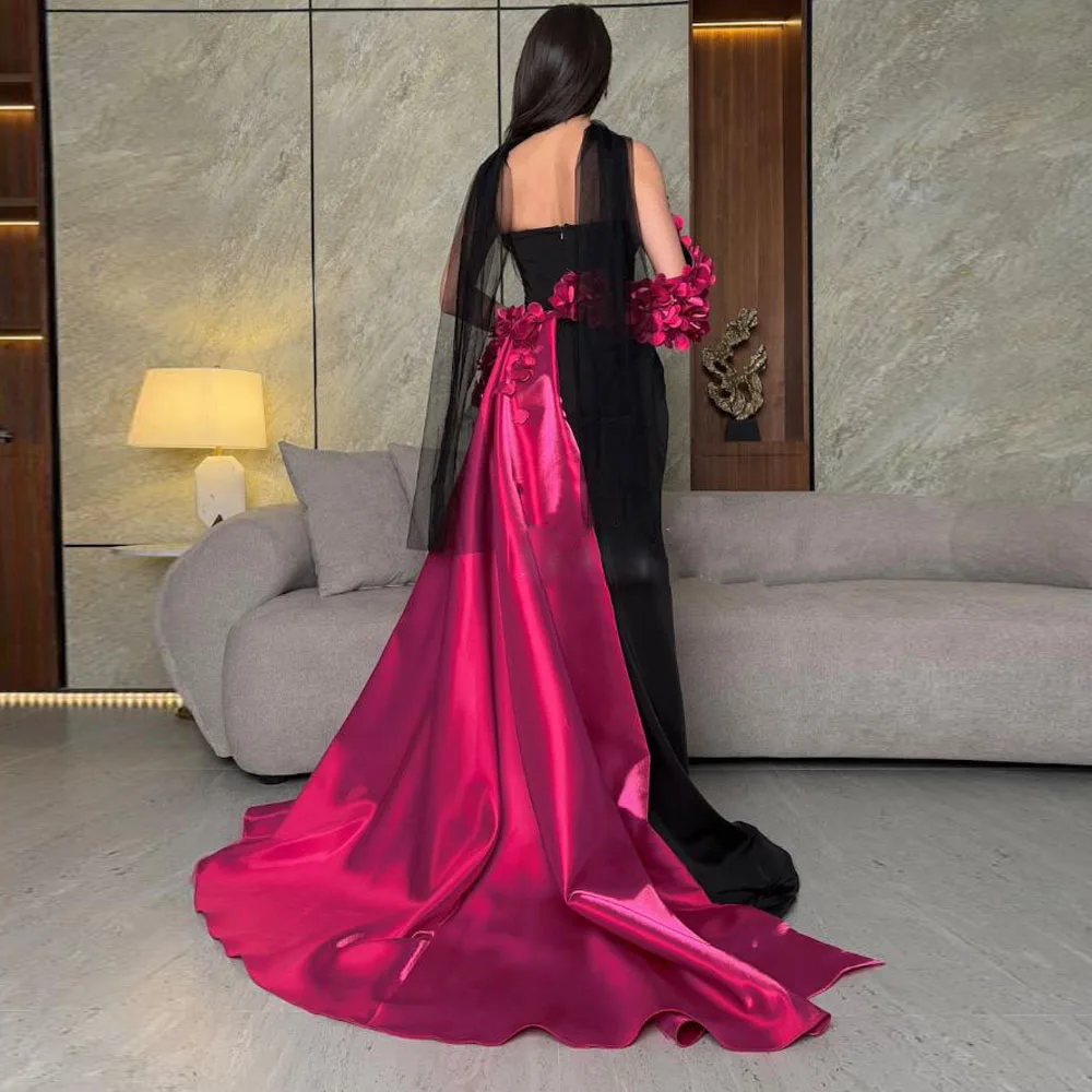 فستان أسود مخصص مع ذيل فوشيا بدون حمالات فساتين سهرة حورية البحر مع فتحة جانبية من الساتان فساتين زفاف الضيوف