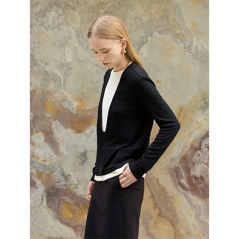 تي شيرت نسائي محبوك مكون من قطعتين وأكمام طويلة، قمصان علوية أنيقة للسيدات