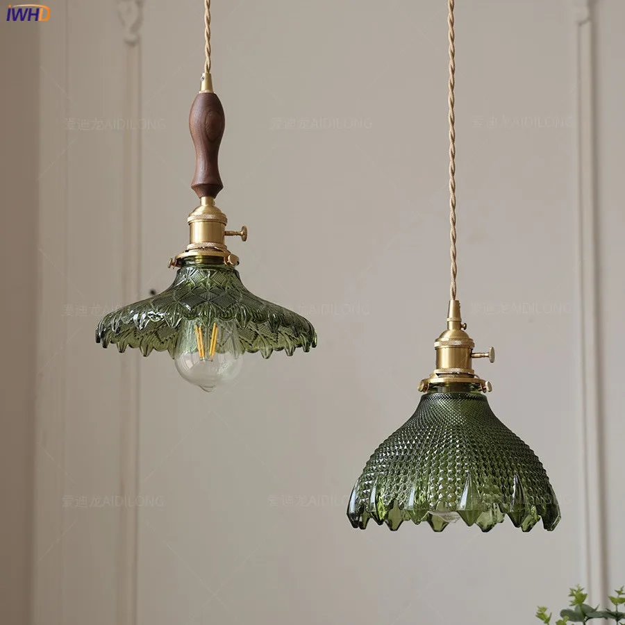 

IWHD Modern Green Glass LED Pendant Lamp Beside Copper Wood Handle Bedroom Dinning Living Room Nordic Hanging Light Pendente