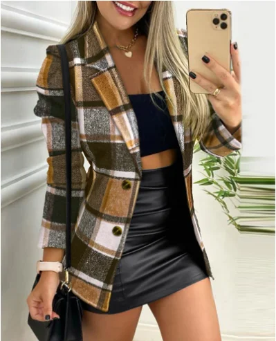 Plaid Print Button Front Long Sleeve Coat Casual Work Office Jacket Office Lady Outfits Autumn and Winter Women\'s Fashion Coat