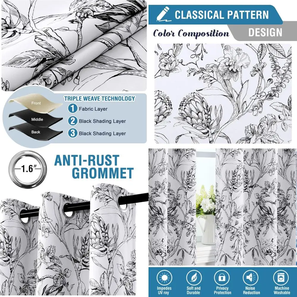 Cortinas blackout Camellia Floral 108 com ilhó, conjunto de 2 painéis, forro preto, isolamento térmico