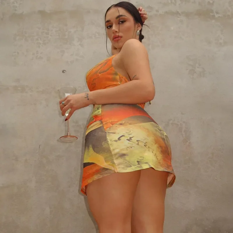 Vendaje Halter Y2K estampado recortado Mini vestido con volantes mujeres Otoño Invierno Tie Dye espalda descubierta vestidos divididos trajes Sexy Fiesta Club