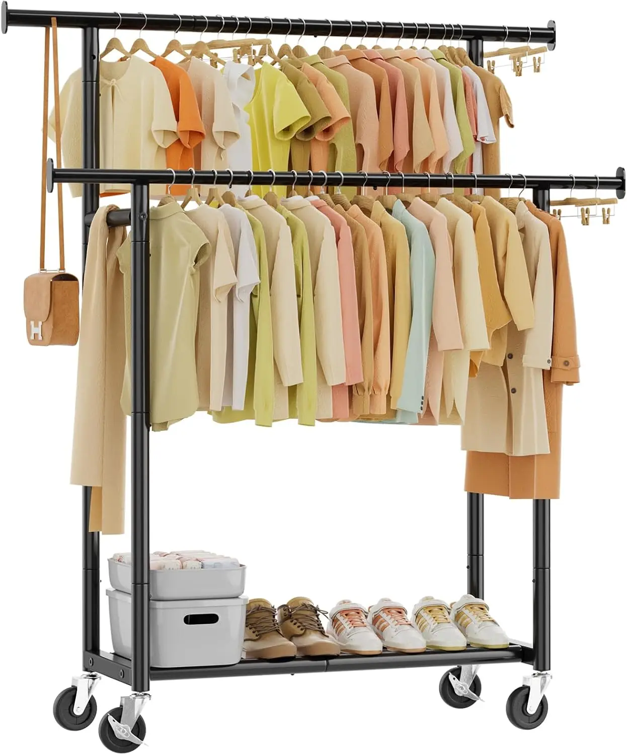 

Clothes Rack, Double Rods Clothing Rack for Hanging Clothes, Metal Garment Rack with Rolling Wheels, Portable Wardrobe Closet