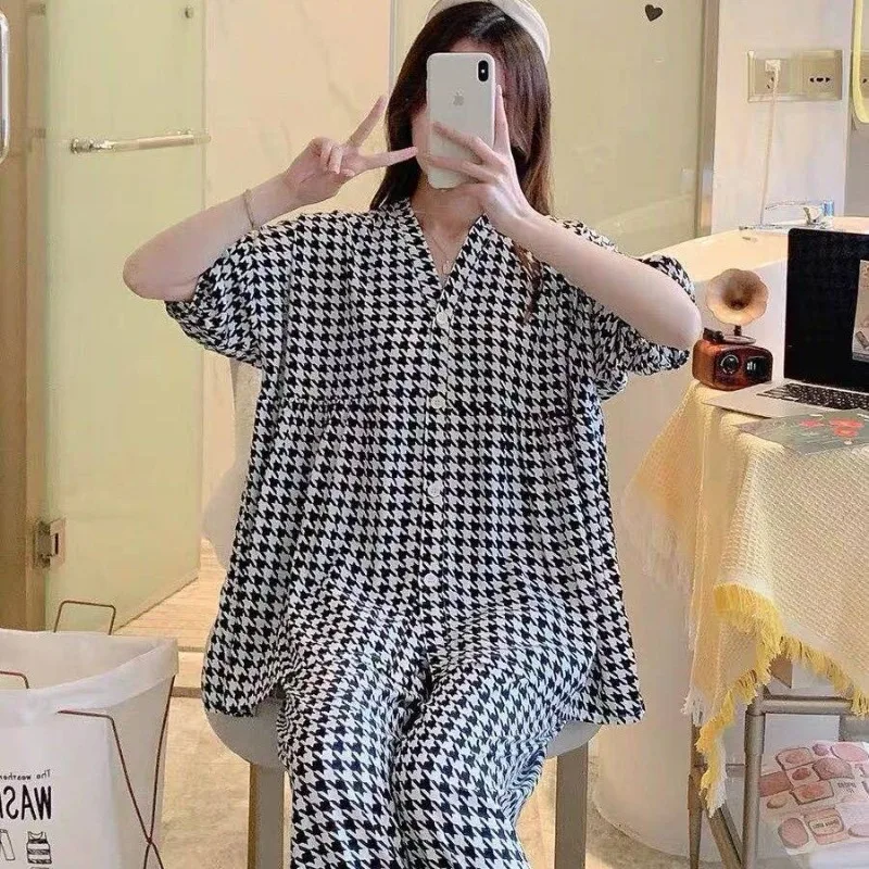 Spring New Cotton Silk Pajamas Women's Large Size Korean Trousers Seven Points Lantern Sleeve Two-piece Set for Pajama Sets