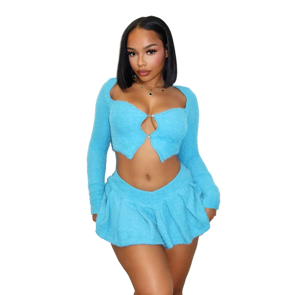 Women Outfits Sexy Fuzzy Outfit Solid Color Long Sleeve Cropped Top And Mini Pleated Skirt Matching Set Women Two Piece Set