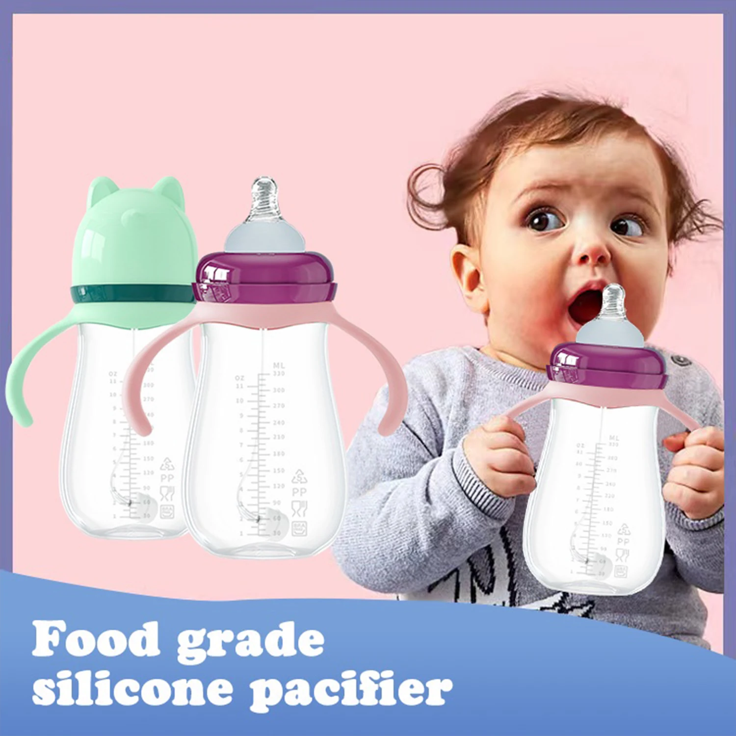 240ml Newborn PP bottle Cute cat ears lid Wide mouth baby bottle 110 degree heat resistant Drop-proof baby water cup Gift