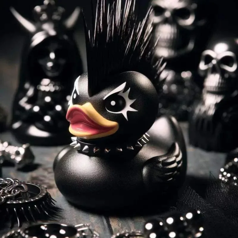 Duck Gothic punk duck, novelty duck decorated with Halloween decorations, punk duck in 1980s, dark Satan duck Gothic gift.