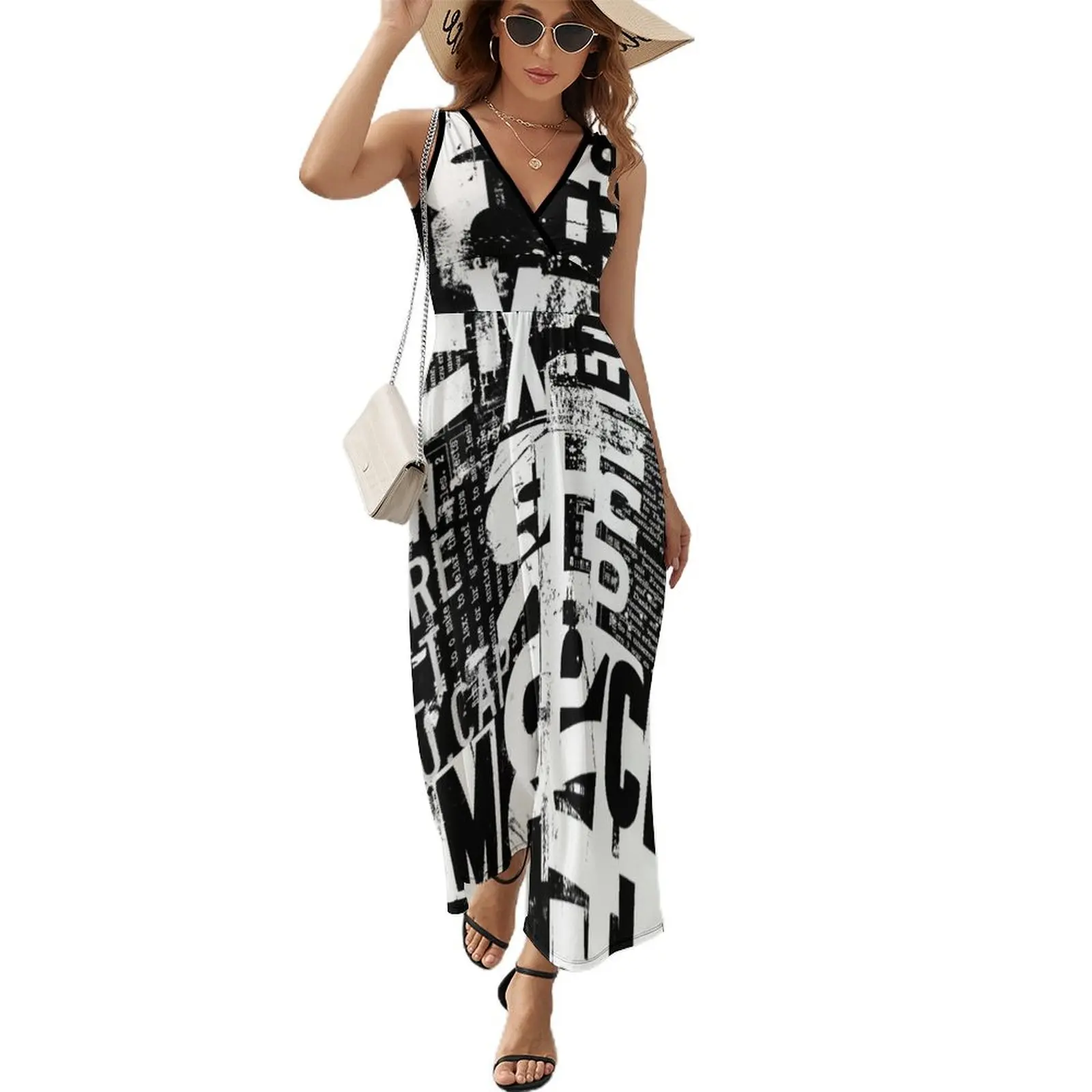 

Grunge Typography Urban Style With Letters And Numbers Black And White Sleeveless Dress Beachwear