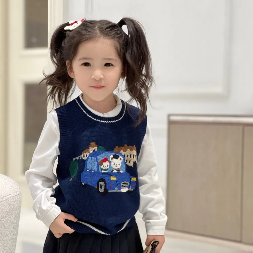 baby sweater Cartoon train pattern sleeveless vest Boys and girls' knitted sweater round neck pullover sweater