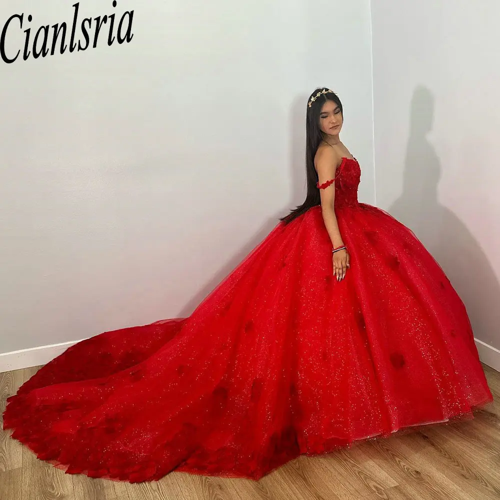 Merah dari bahu 3D bunga Quinceanera gaun bola Glitter kristal applique renda korset Vestidos De 15 ainggos