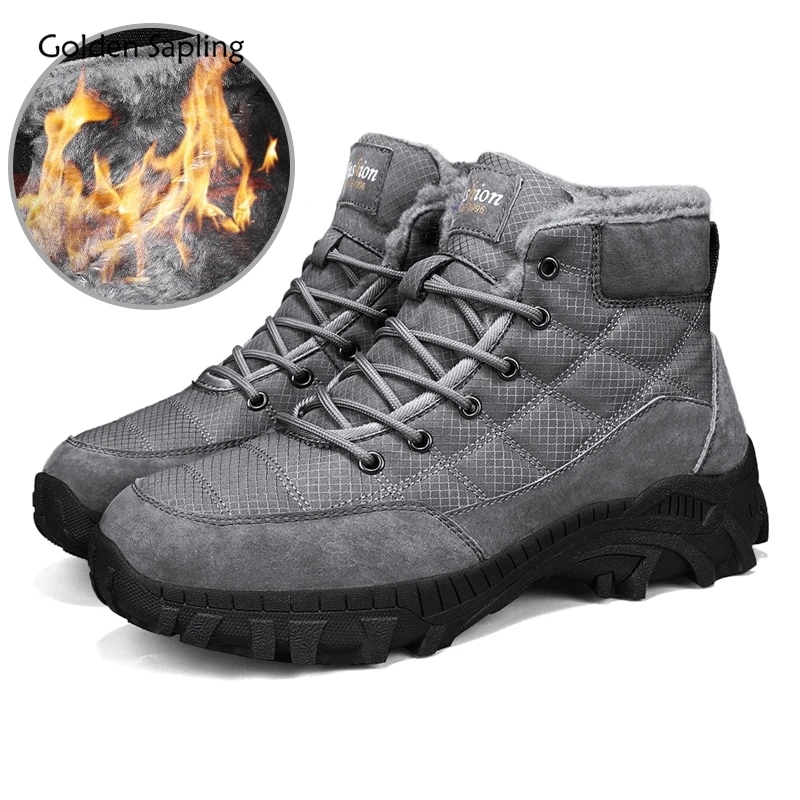 Golden Sapling Outdoor Winter Work Boots for Men Classics Genuine Leather Add Warm Plush Snow Boot Male Hiking Climbing Shoes