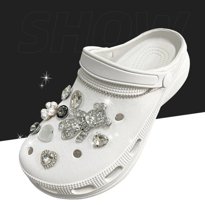 19PCS Fashion Shoe Charms Set Accessories Hole Shoe Buckle Shiny Bear Diamond Pearl Silver Chain DIY 3D Shoes Decorations image 2