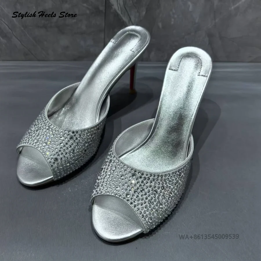 Stylish Crystal Strass Stilettos Luxury Peep Toe Thin Heels Slippers Elegant Women's High Heels Catwalk Runway Modern Slippers