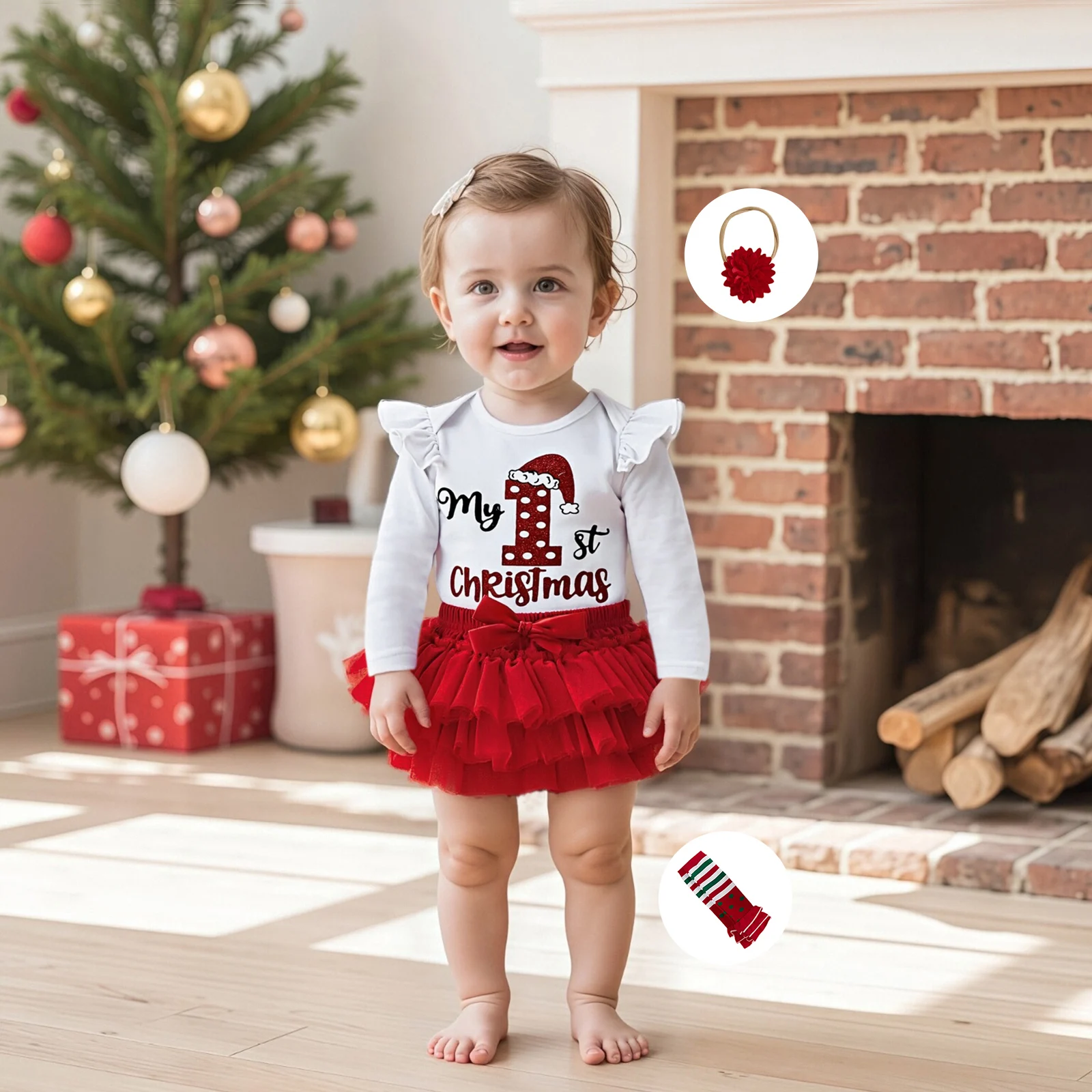 طفلة عيد الميلاد 4 قطع الزي، طويلة الأكمام طاقم الرقبة خطابات طباعة رومبير مع الطبقات شبكة السراويل عقال تدفئة الساق #4