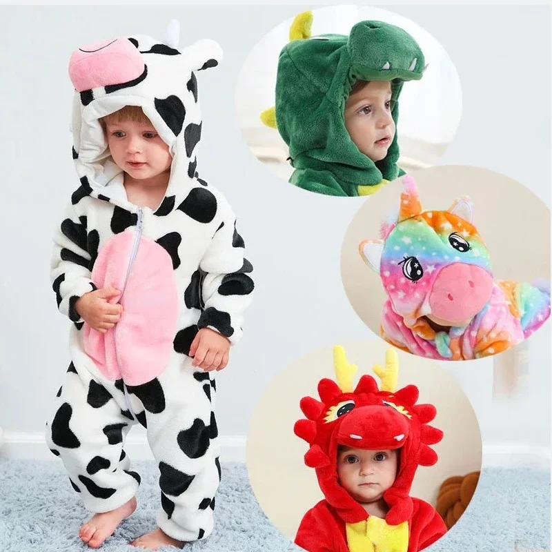 Mono Kigurumi de franela para niñas, mono de invierno para niños de 1 a 4 años, Cosplay de animales, unicornio, vaca y León