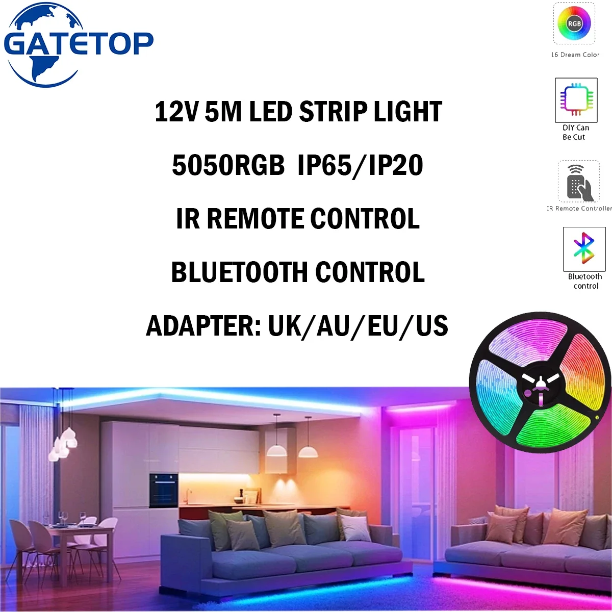 

1-5P Led Strip Light IP65/IP20 Infrared Remote/Bluetooth Control 5050 RGB Lamp for TV Background Party Holiday Home Decoration