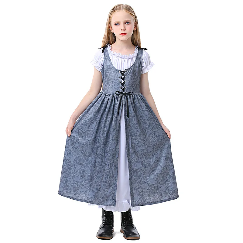 Vestidos victorianos de manga corta con estampado gris, vestido con cordones, bata elegante para chica, disfraz de fiesta elegante para Halloween