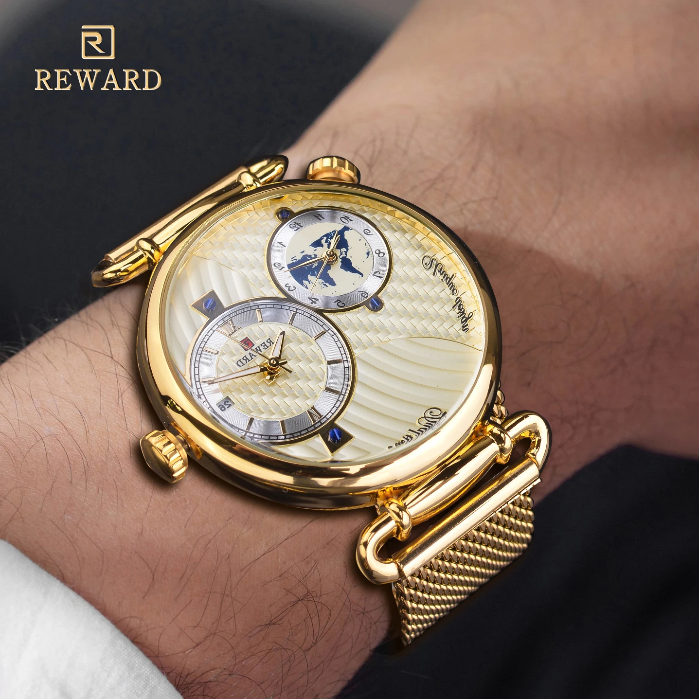 REWARD Gold Watches Men Multiple Time Zone Display Quartz Wristwatch Business Clock Man Luxury Watch - view 8
