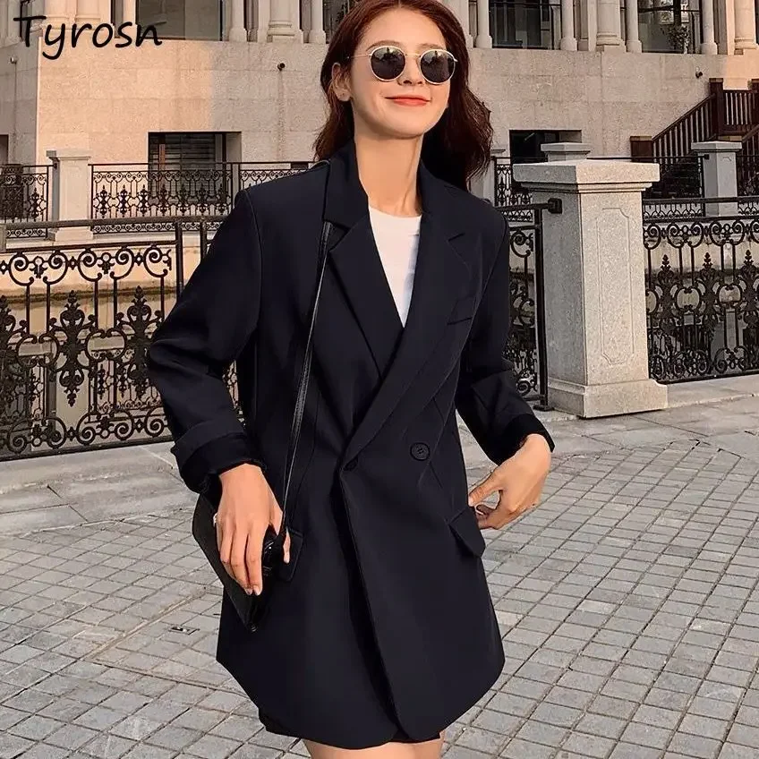 

Women Blazers Casual Fashion Temperament Double Breasted Black Suits Autumn Baggy Korean Chic Buttons Design Notched Outwear New
