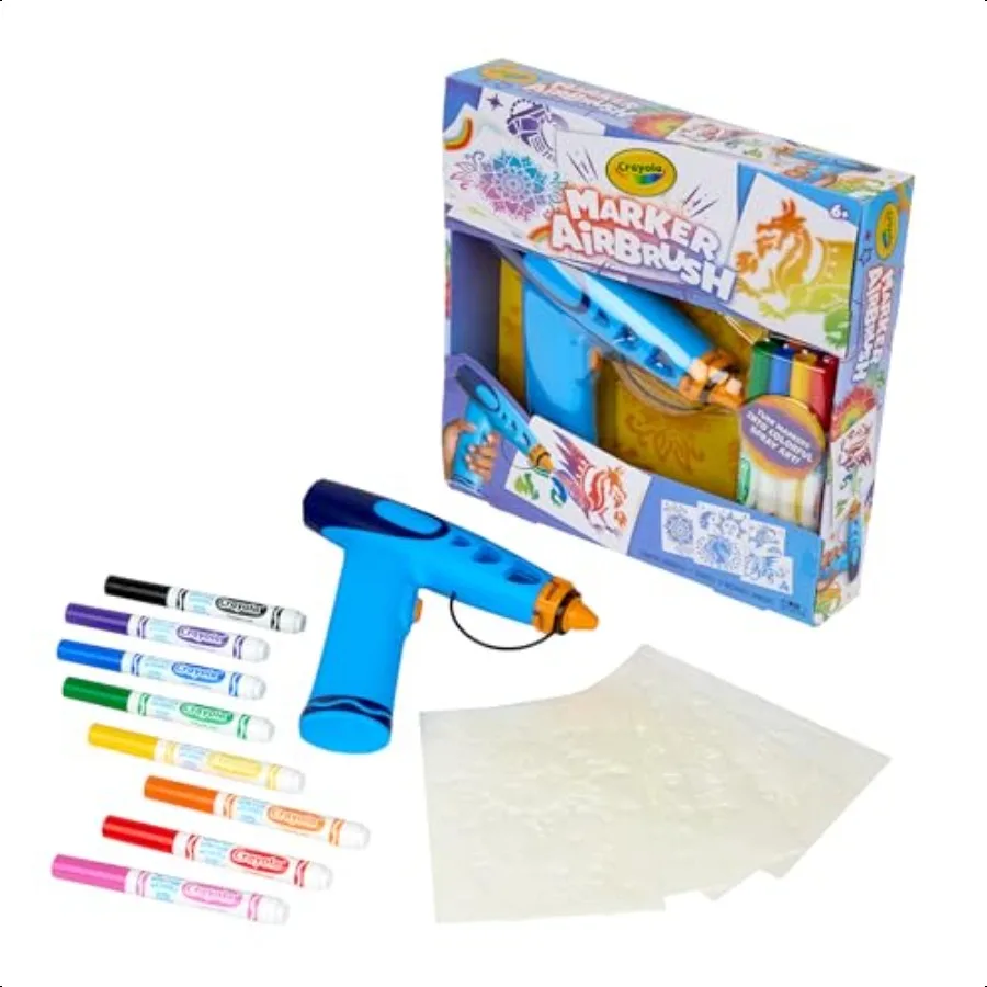 Marker Airbrush Spray Art Kit Batteriebetriebenes Sprühgerät mit 8 waschbaren Markern 5 Schablonen Feiertags-DIY-Bastelset ab 6 Jahren
