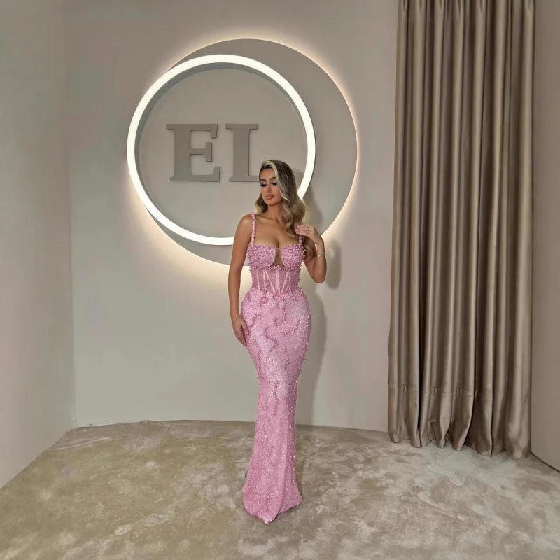

New Arrival Pink Sequin Sexy Mermaid Strap Dress High-End Socialite Party Evening Pearl Gown