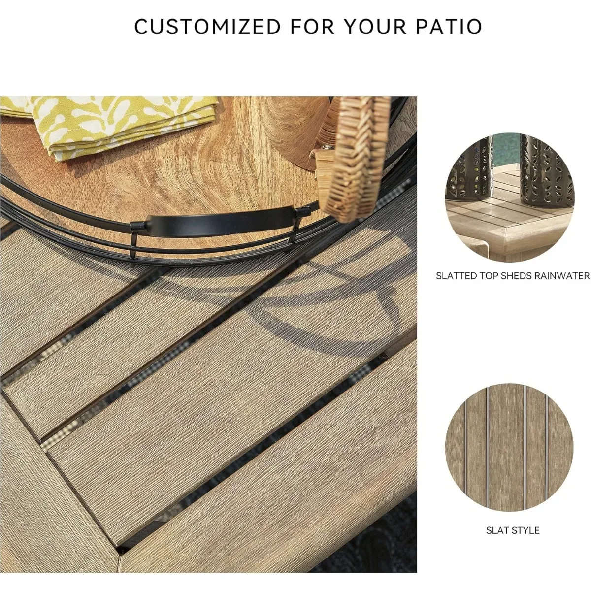 طاولة جانبية مزخرفة للأماكن الخارجية، طاولة مربعة باللون الرمادي والبني للفناء والحديقة. طاولة نهاية خشب الأوكالبتوس لجانب حمام السباحة