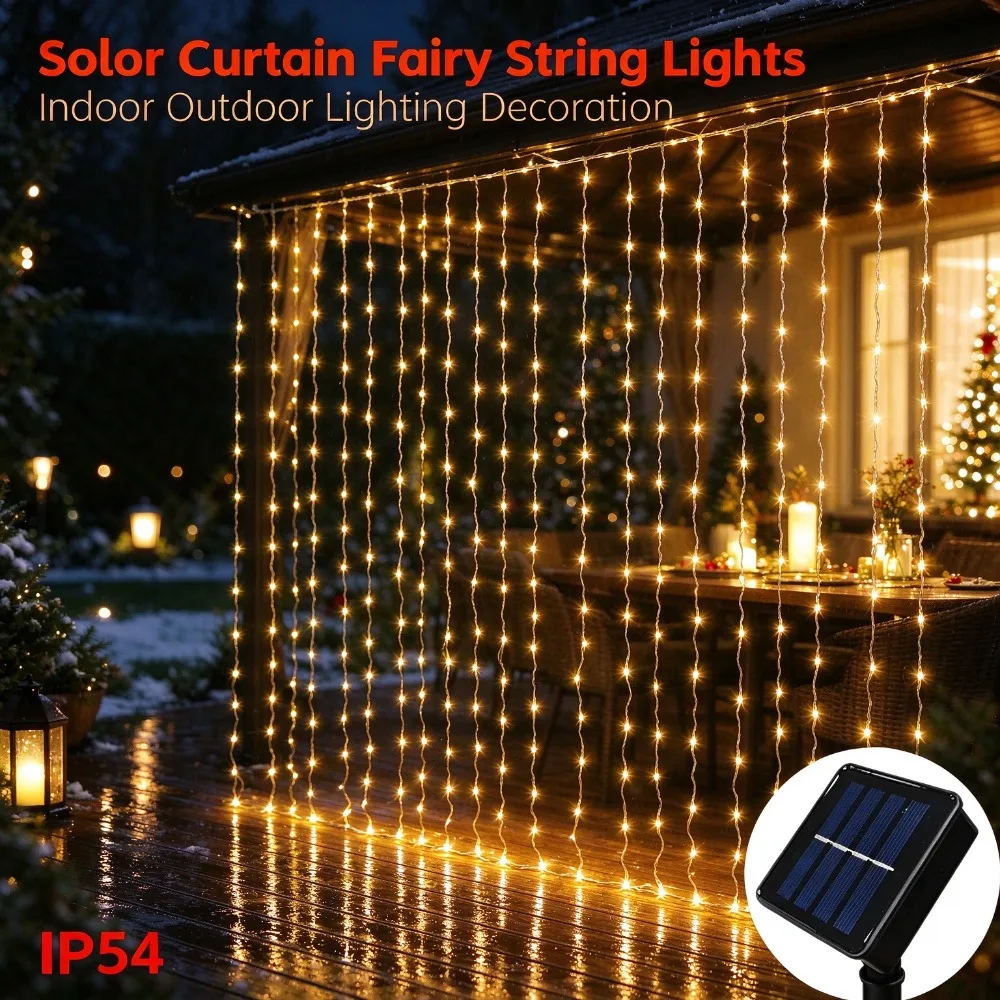 Solar Powered Christmas Curtain Lights 8 Modes IP54 3x1M 3x2M 3x3M for Window Patio Garden Party Holiday Festive Backdrop Decor