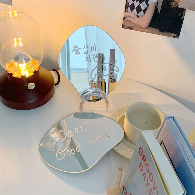 Irregular Aesthetic Vanity Mirror Frameless, Decorative Desk Tabletop Glass Mirrors with Stand for Living Room, 19.5x16.7cm