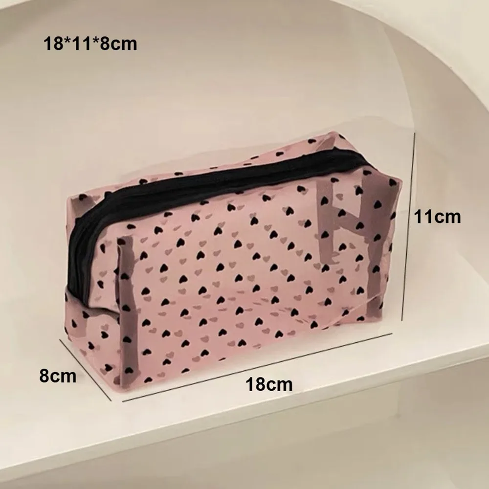 New Heart Transparent Mesh Makeup Bag Black/Pink Portable Women Cosmetic Storage Pouch Multifunction Ladies Toiletry Storage Bag