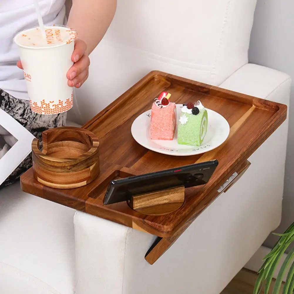 Adjustable Sofa Arm Attachment Clip-on Sofa Food Tray with Cup Holder Phone Mount for High Stability Minimalist Style 3-in-1