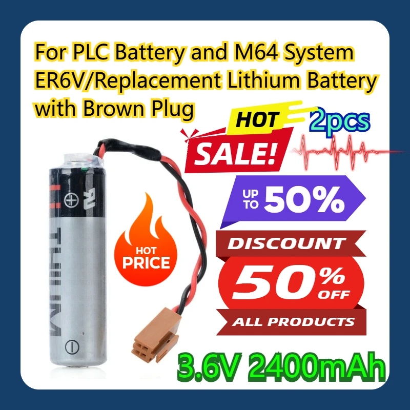 

For PLC Battery and M64 System ER6V/3.6V 2400mAh Replacement Lithium Battery with Brown Plug 2pcs