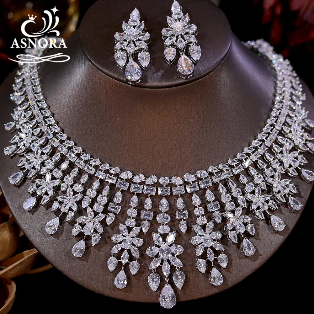 

ASNORA Full Shiny CZ Bridal Necklace Luxury African Dubai Wedding Dance Party Costume 2pcs Jewelry Sets for Women X0333