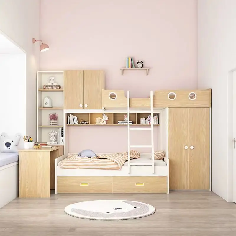 Children's staggered upper and lower beds Small apartment with wardrobe Two-layer dislocation type High and low bed Mother and c