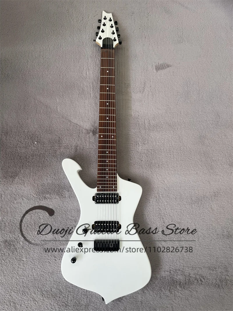 8 Strings Left Hand Electric Guitar Iceman White Body Rose wood Fingerboard 5 Pieces Neck Fixed Bridge Black Tuners