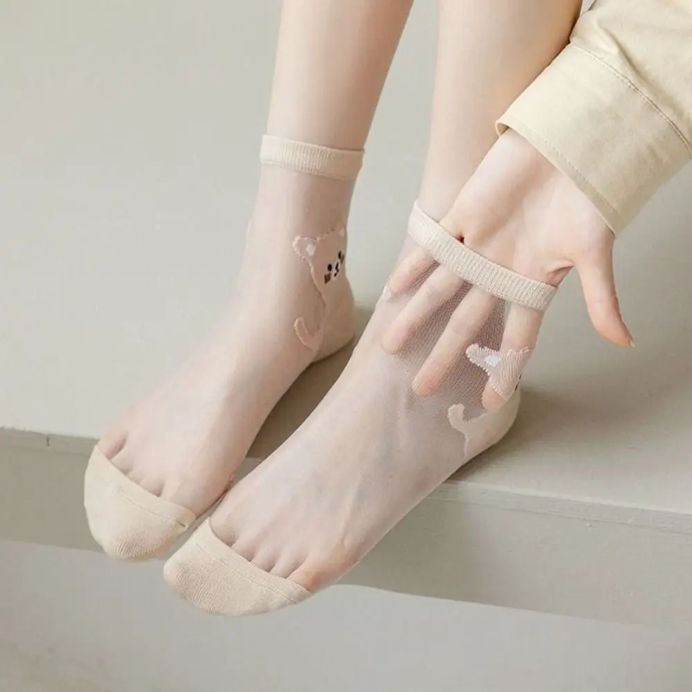 5Pairs Transparent Cat Crystal Silk Sock Non-Slip Patchwork Nylon Ultra-thin Socks Basic All-match Tube Socks for Women Summer