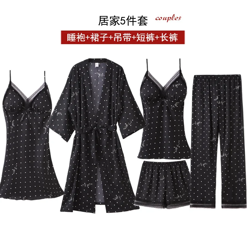 FZSLCYIYI Women\'s Pajamas Silk Polka dot 5Pcs set nightwear Satin Pajamas Sexy Lace Pyjama Nightie Sleepwear Home Clothes